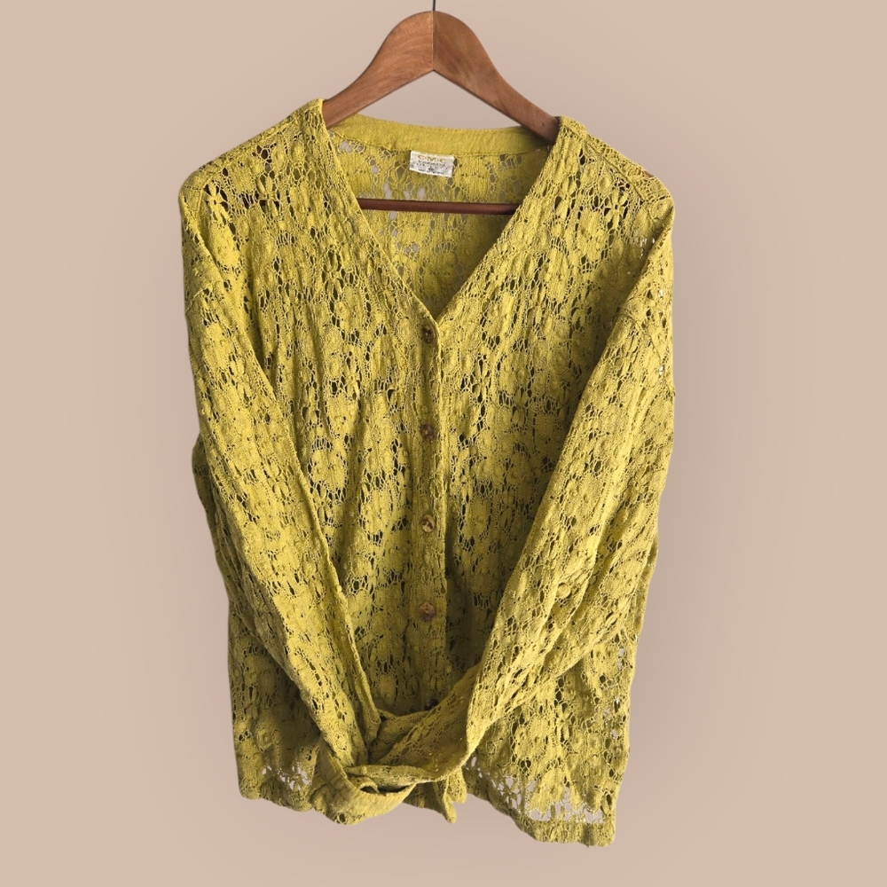 Lace Button-Up Cardigan in Yellow/green 100% Cotton Y2k Vintage Size M Fairycore